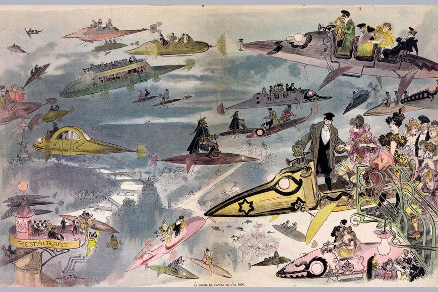 flying cars, predictions, painting, world's fair, 1900