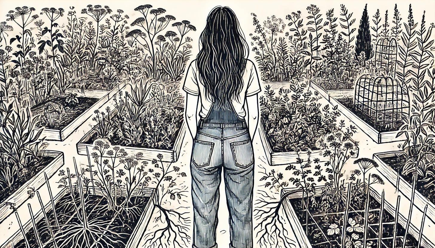 A hand-drawn style illustration of a woman with long hair, wearing dungarees standing looking onto her untidy, natural garden. The garden is filled with wild plants growing in a disorganised manner, with roots visibly extending underground.