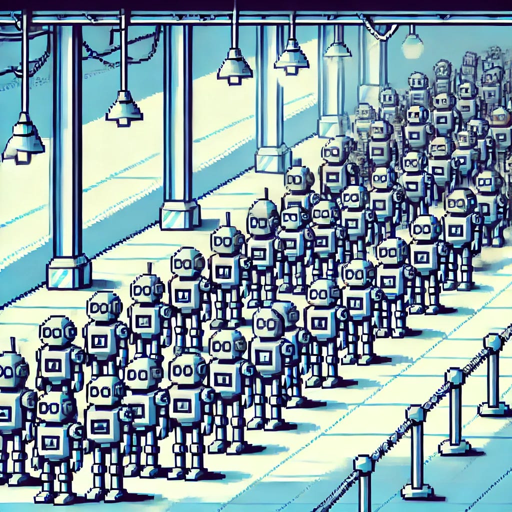 A scene of robots waiting in line, rendered in the style of a classic Sega Genesis video game. All the robots are identical or very similar, appearing as pixelated characters with a uniform design. They have a simple, blocky appearance with glowing eyes and metallic textures, reminiscent of old-school video game aesthetics. The setting is a pixel-art futuristic environment with a low-resolution, 16-bit look. The scene captures the nostalgic feel of a 90s Sega Genesis game, with clear, bold outlines and a slightly grainy, low-resolution finish.