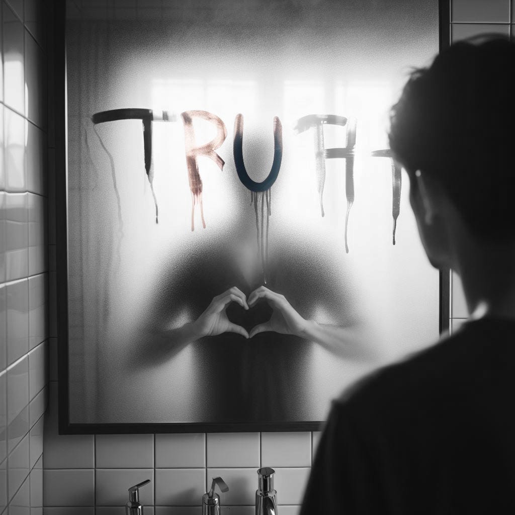 An AI-generated image of a man looking into a mirror with the word TRUTH written across its surface