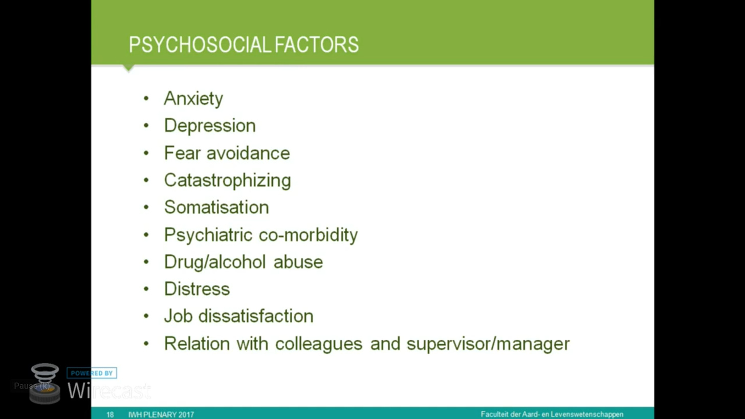 Slide from a powerpoint presentation, green text on a white backgroud. It says: PSYCHOSOCIAL FACTORS: Anxiety, Depression, Fear avoidance, Catastrophising, Somatisation, Psychiatric co-morbidity, Drug or alcohol misuse, Distress, Job dissatisfaction, Relation with colleagues and supervisor / manager