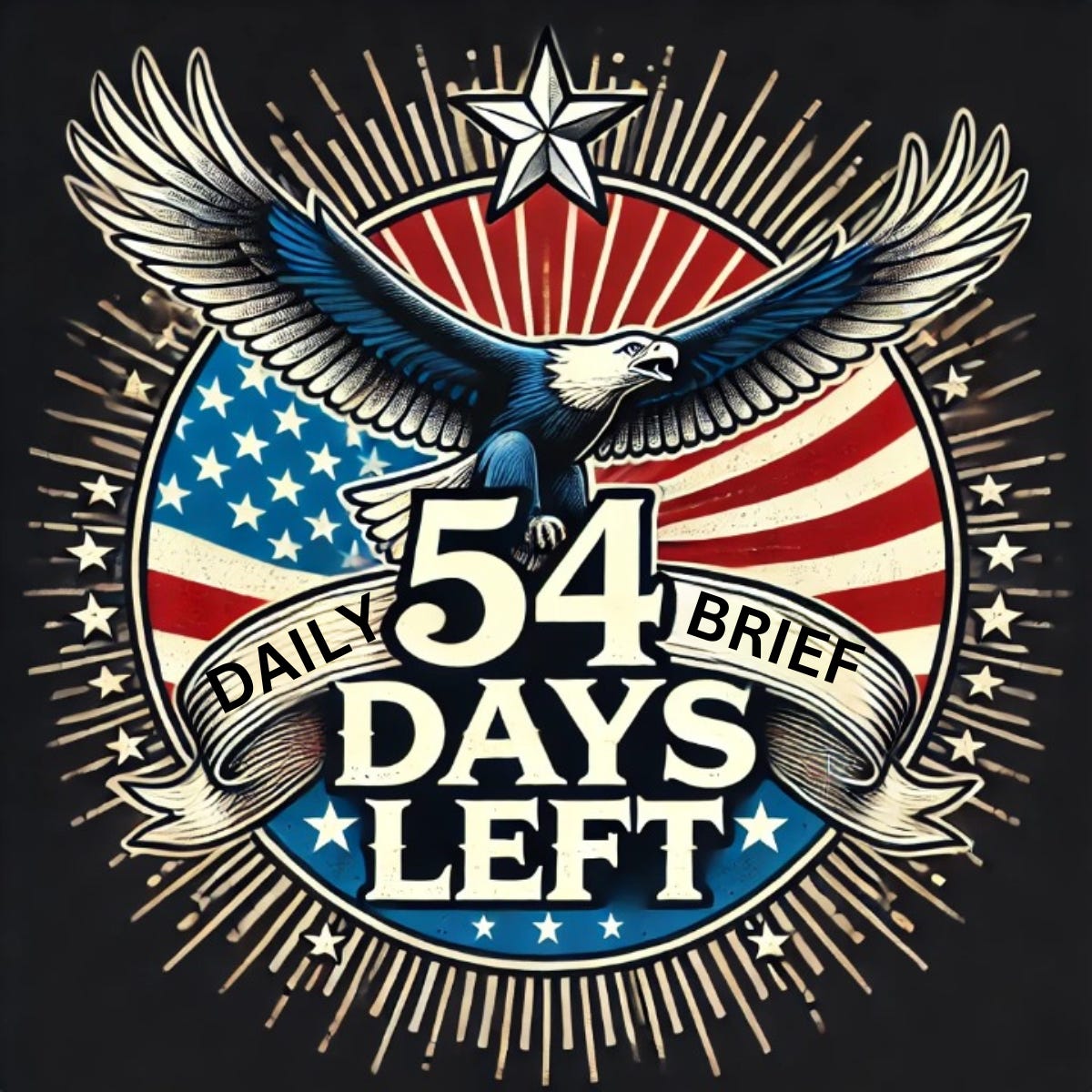 A stunning patriotic design featuring an eagle soaring in front of an American flag with "54 Days Left" prominently displayed, along with the words "Daily Brief."