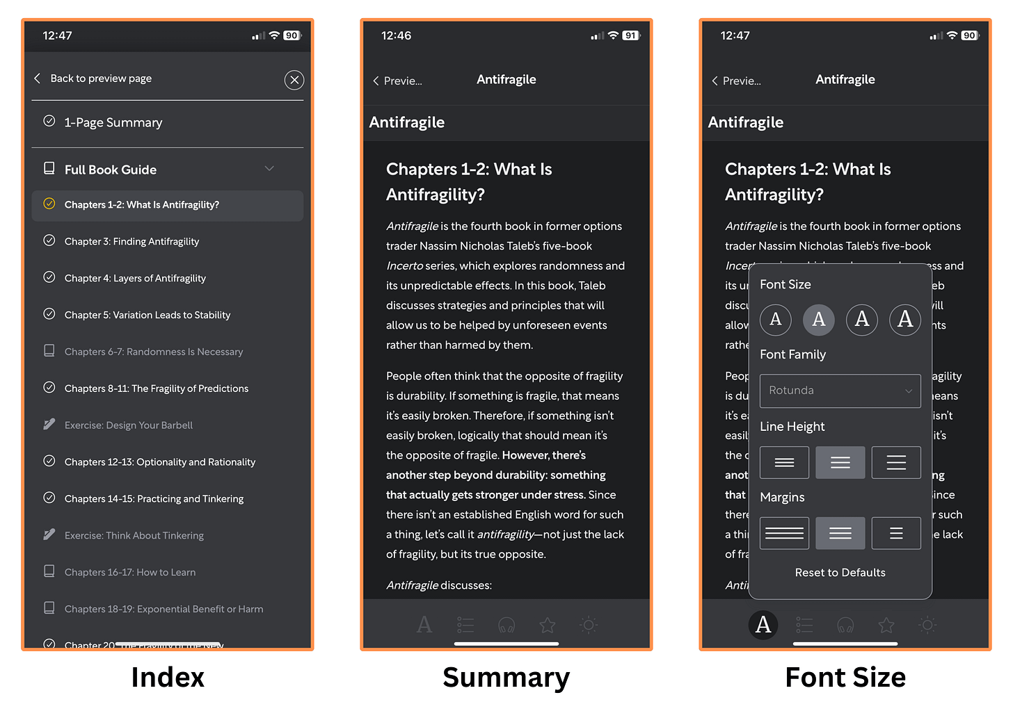 Shortform’s summary for the book Antifragile (mobile app + dark mode)