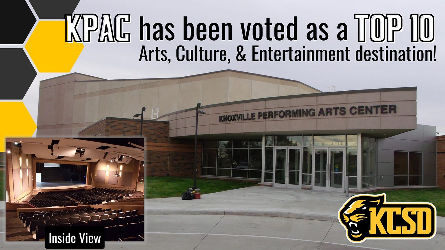May be an image of text that says 'Kpac has been voted as a TOP 10 Arts, Culture, & Entertainment destination! Insidiew Inside KCSD'