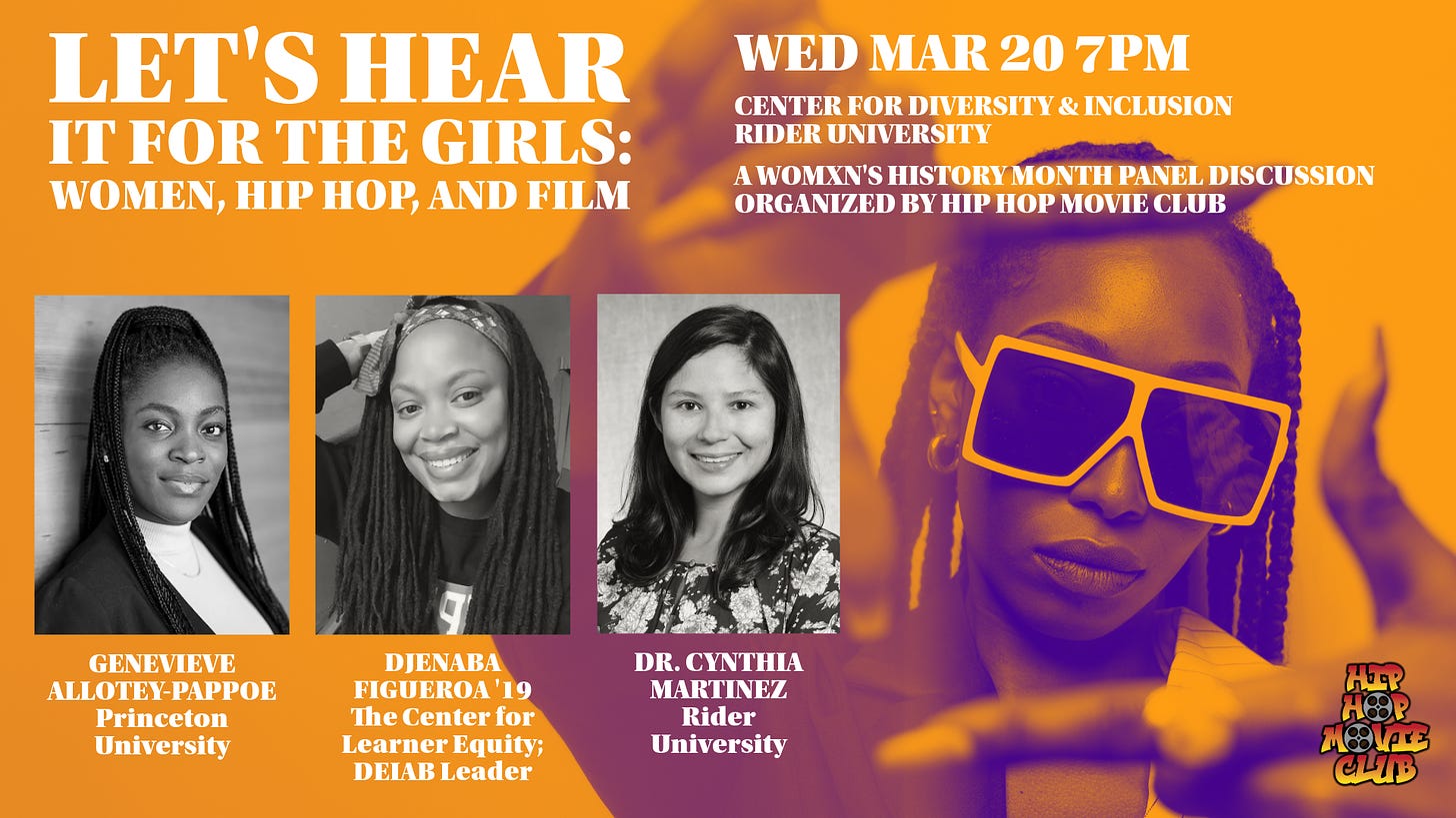 The words "Let's Hear It for the Girls: Women, Hip Hop and Film" with headshots of panelists