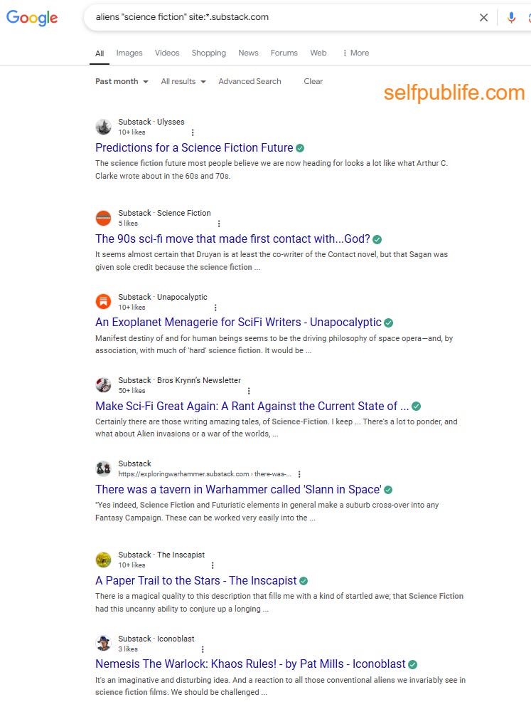 Screenshot of Google search results page for aliens and science fiction and Substack publications on subdomains.