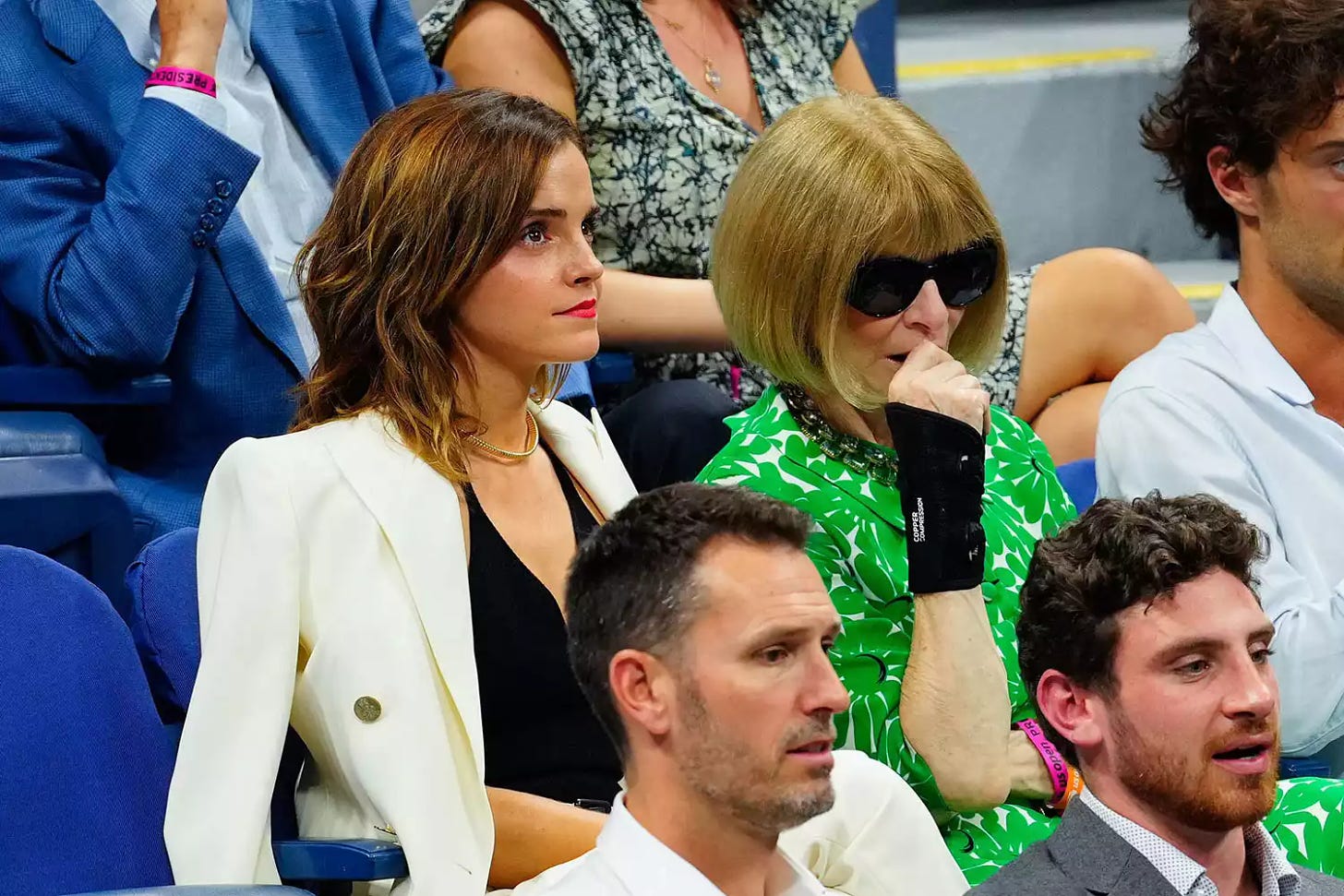 NEW YORK, NEW YORK - SEPTEMBER 05: Emma Watson (L) and Anna Wintour are seen at the 2023 US Open Tennis Championships on September 05, 2023 in New York City