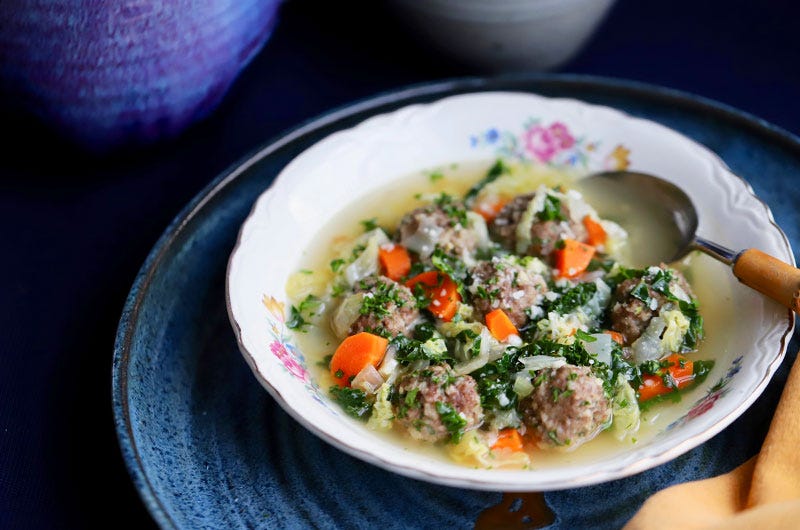 Broth with Mini-Meatballs, Kale, and Cabbage