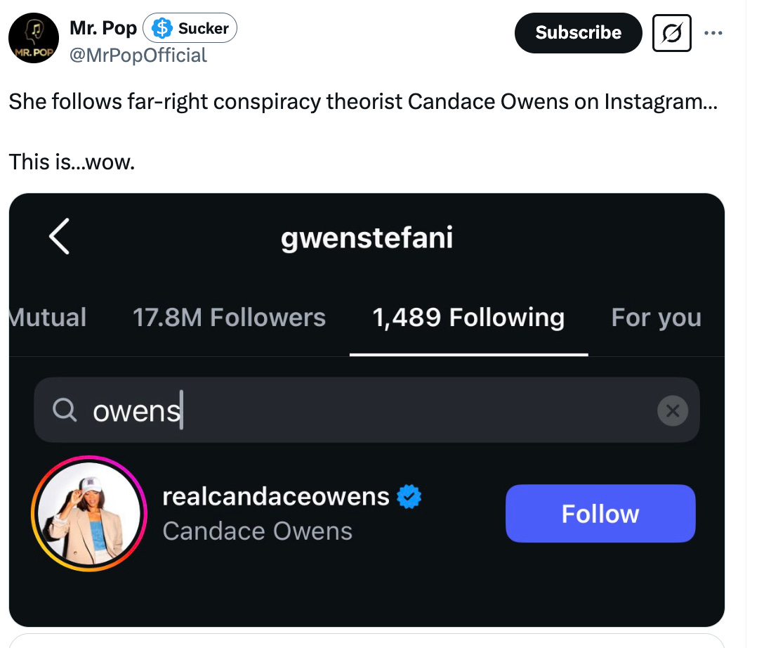 screen shot of stefani following owens on IG
