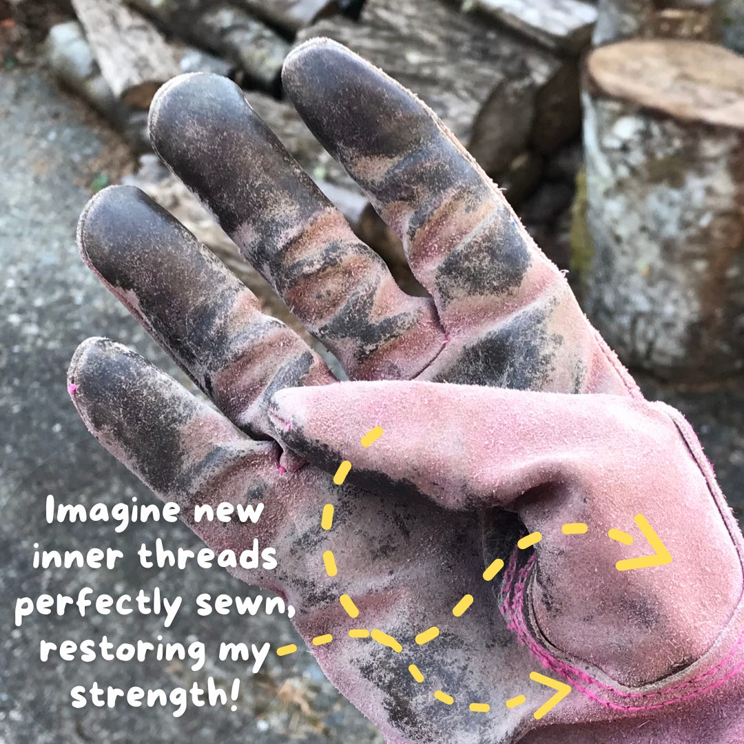 Pink leather glove palm up with the thumb pointing to the ring finger, yellow dotted lines with the caption Imagine new inner threads perfectly sewn, restoring my strength