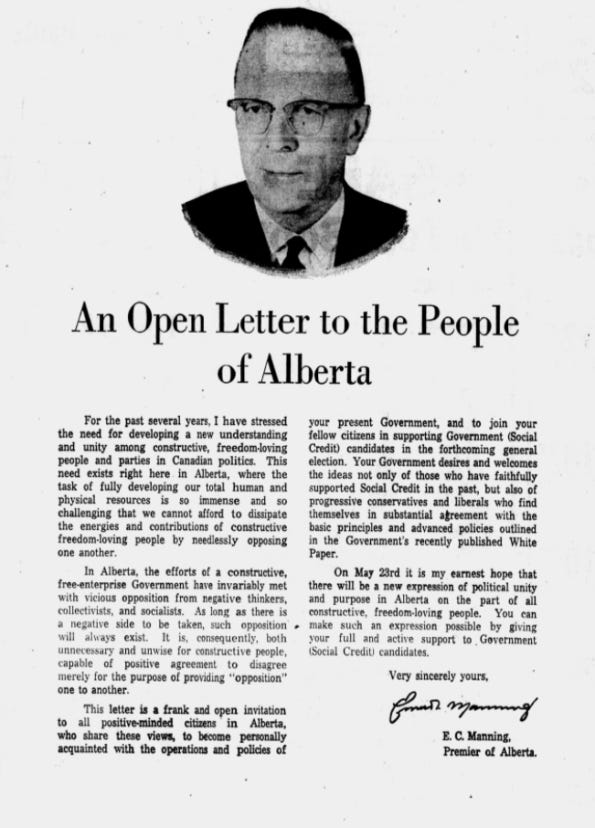 Ernest Manning Social Credit Alberta 1967 election