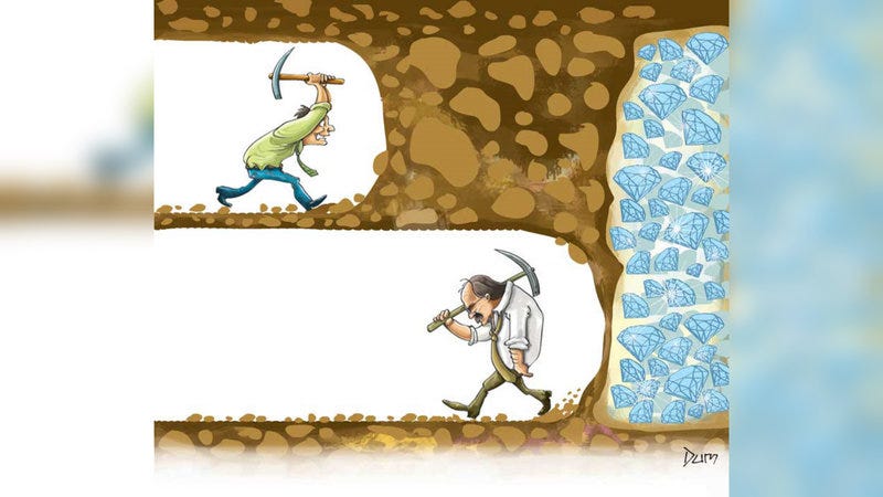 Never Give Up Cartoon and meme format depicting a man tunneling underground toward a pocket of diamonds, with another below giving up just before reaching it.