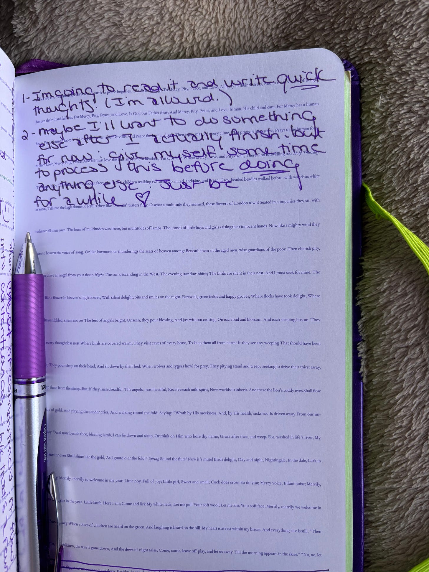 Notes to myself in my journal, the first of which says "I'm going to read it and write quick thoughts. (I'm allowed.)"