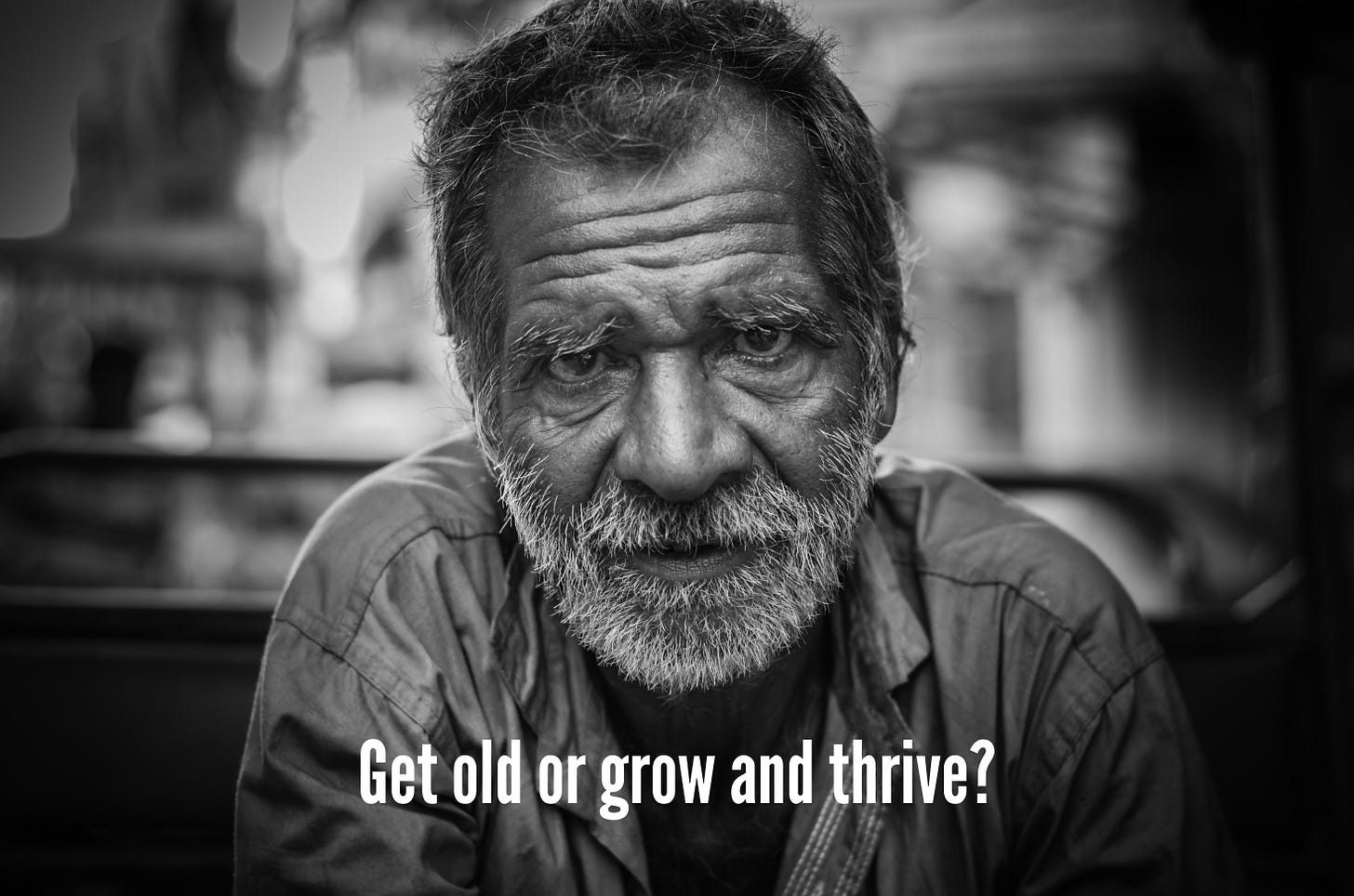 Photo of older man with the words get old or grow and thrive overlaid.