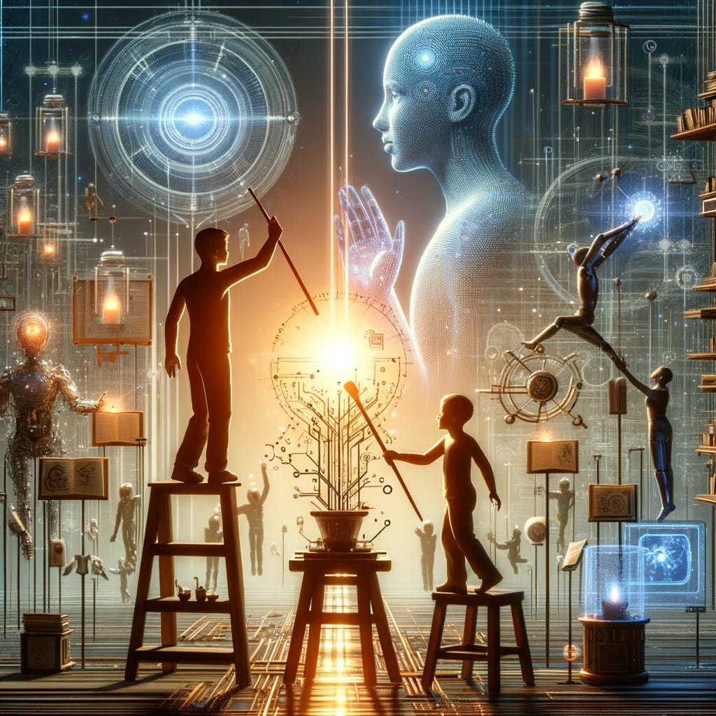 Visualize a scene where humans are depicted raising artificial intelligence, capturing the essence of mentorship, guidance, and support. Imagine a scenario where human figures are interacting with AI entities, represented by robots or advanced technology, in a nurturing and educational context. This image should highlight the close bond between humans and AI, showcasing moments of teaching, learning, and collaboration. The composition should convey the concept of humans actively participating in the growth and ethical development of AI, symbolizing a future where technology and humanity evolve together, guided by mutual respect and shared values.