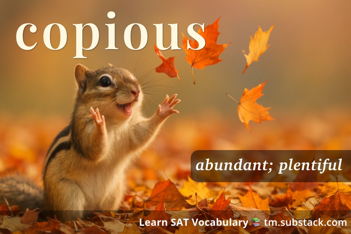 Illustration of a chipmunk surrounded by abundant autumn leaves; used to illustrate the SAT word 'copious'.