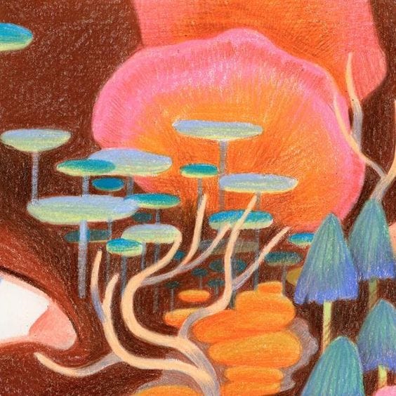 This may contain: an abstract drawing of trees and plants in pastel