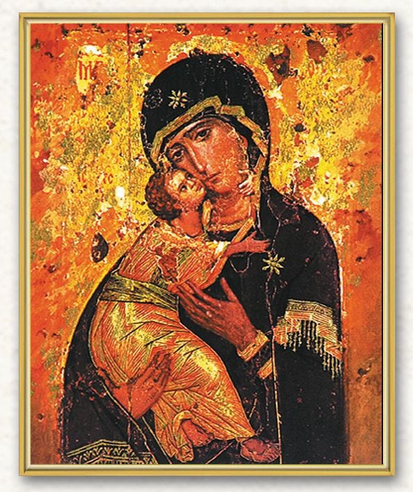 A religious painting of a person holding a child

Description automatically generated