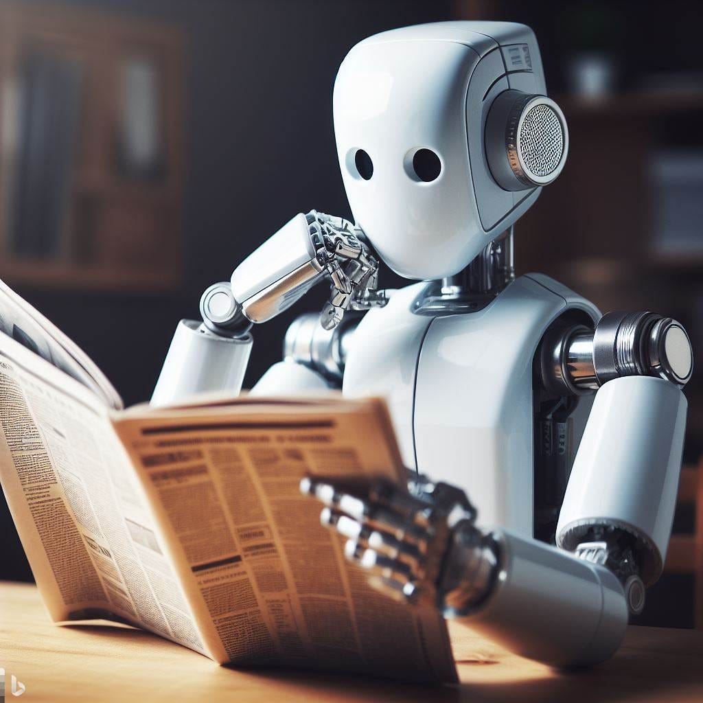 Robot sentado en una mesa, leyendo ávidamente diarios impresos.