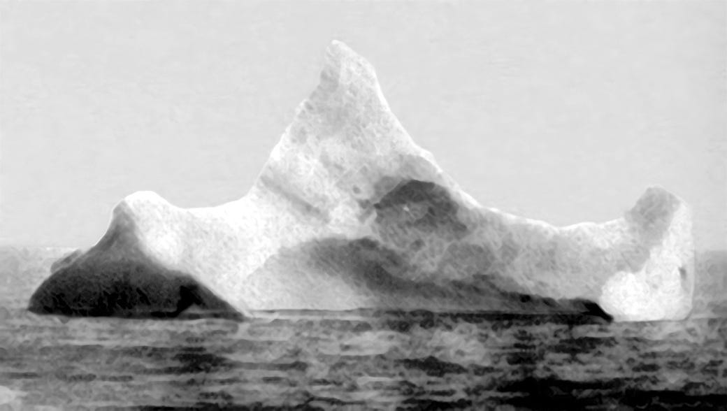 The iceberg thought to have sunk the Titanic, photographed 15 April 1912 from SS Prinz Adalbert, public domain, via Wikimedia Commons (enhanced)