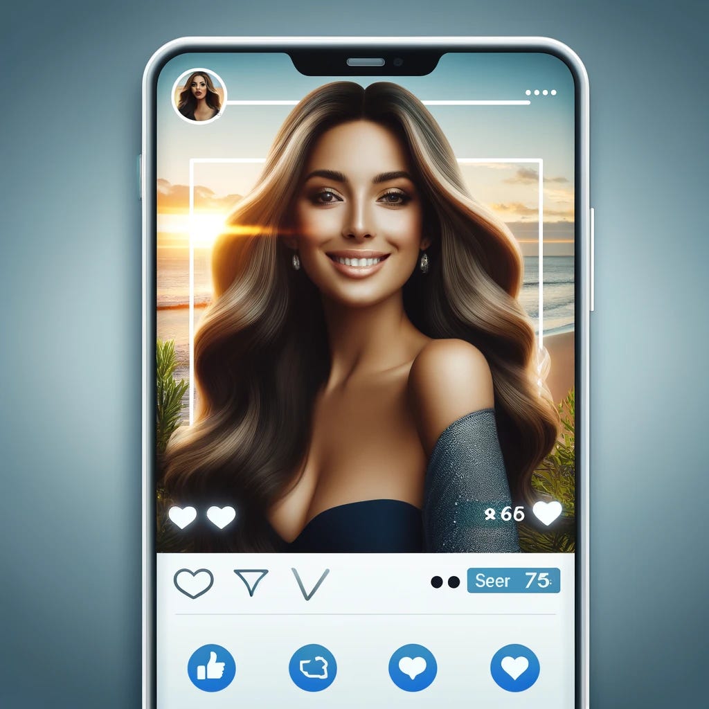 A social media post featuring a super beautiful woman. The woman has long, flowing hair, a radiant smile, and is elegantly dressed in a stylish outfit. She is posing confidently with a scenic background, perhaps a sunset on a beach or an urban skyline. The post includes likes, comments, and reactions icons around it, highlighting its popularity. The design of the social media interface is sleek and modern, with the woman's photo taking center stage.