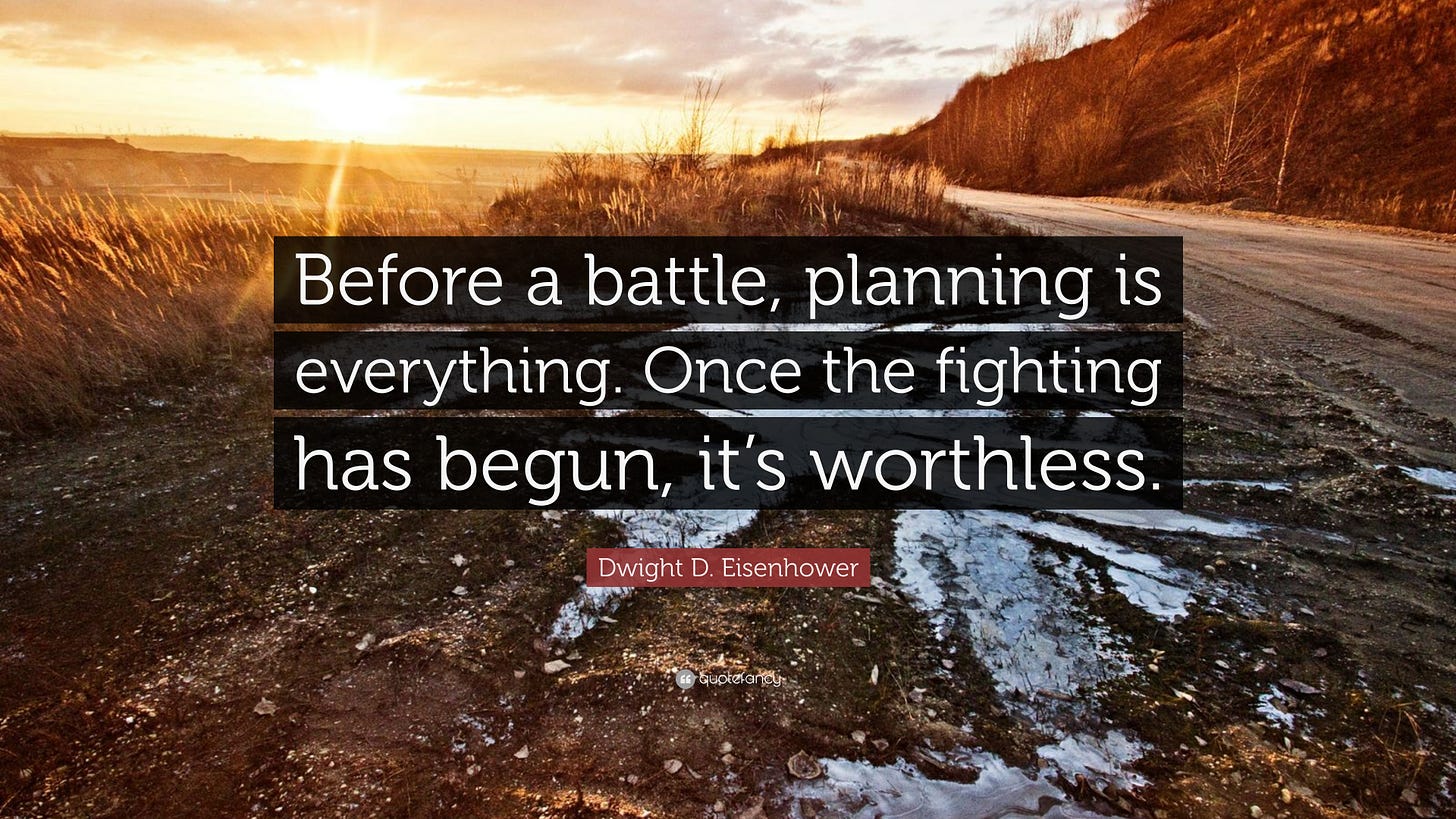 Dwight D. Eisenhower Quote: “Before a battle, planning is everything. Once  the fighting has begun, it's