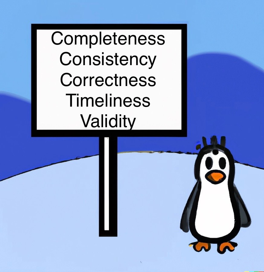 DALL-E 2 generated cartoon image of a penguin standing in front of a blue background of hills and sky. Next to the penguin is a sign reading "Completeness Consistency Correctness Timeliness Validity"