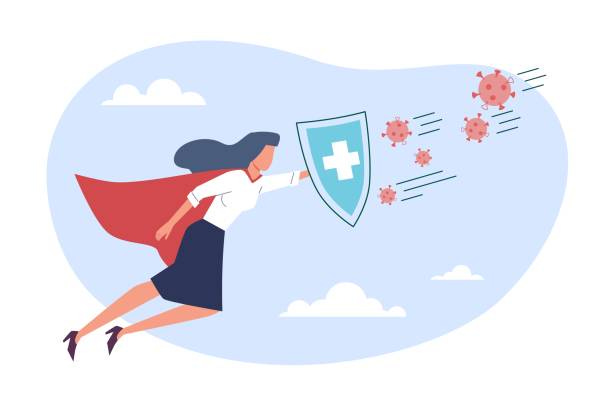 bildbanksillustrationer, clip art samt tecknat material och ikoner med virus protection. superhero flying and holding shield to protect against pathogens. doctor fight with viral molecules attacks. contagious diseases prevention. vector illness treatment - virus