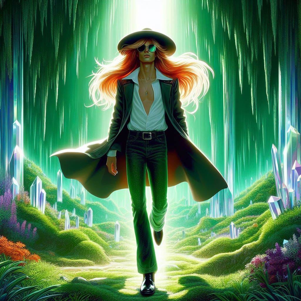 in a 16-bit snk/neo-geo cutscene style, render a lithe red-blonde long-haired man with features made from faceted gemstones an angular jawline and high cheekbones walks like levitation in a mystical cavern of lush radiance, he wears a wide-brimmed dark hat, movie star sunglasses, a crisp white batiste cotton open-collared button-front shirt, jade green iridescent mohair slim-fitting trousers, & elegant black leather italian boots
