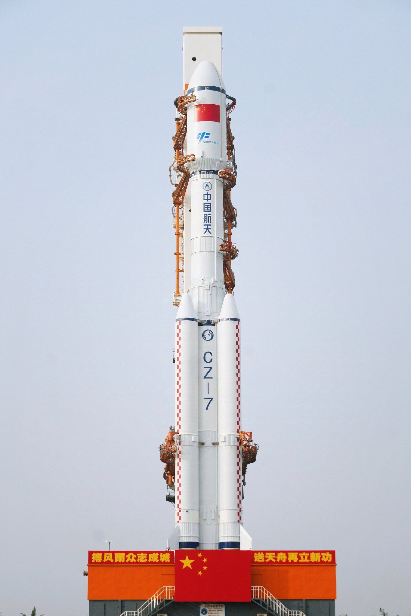 The Long March 7 Y9 vehicle during rollout at the Wenchang Space Launch Site.