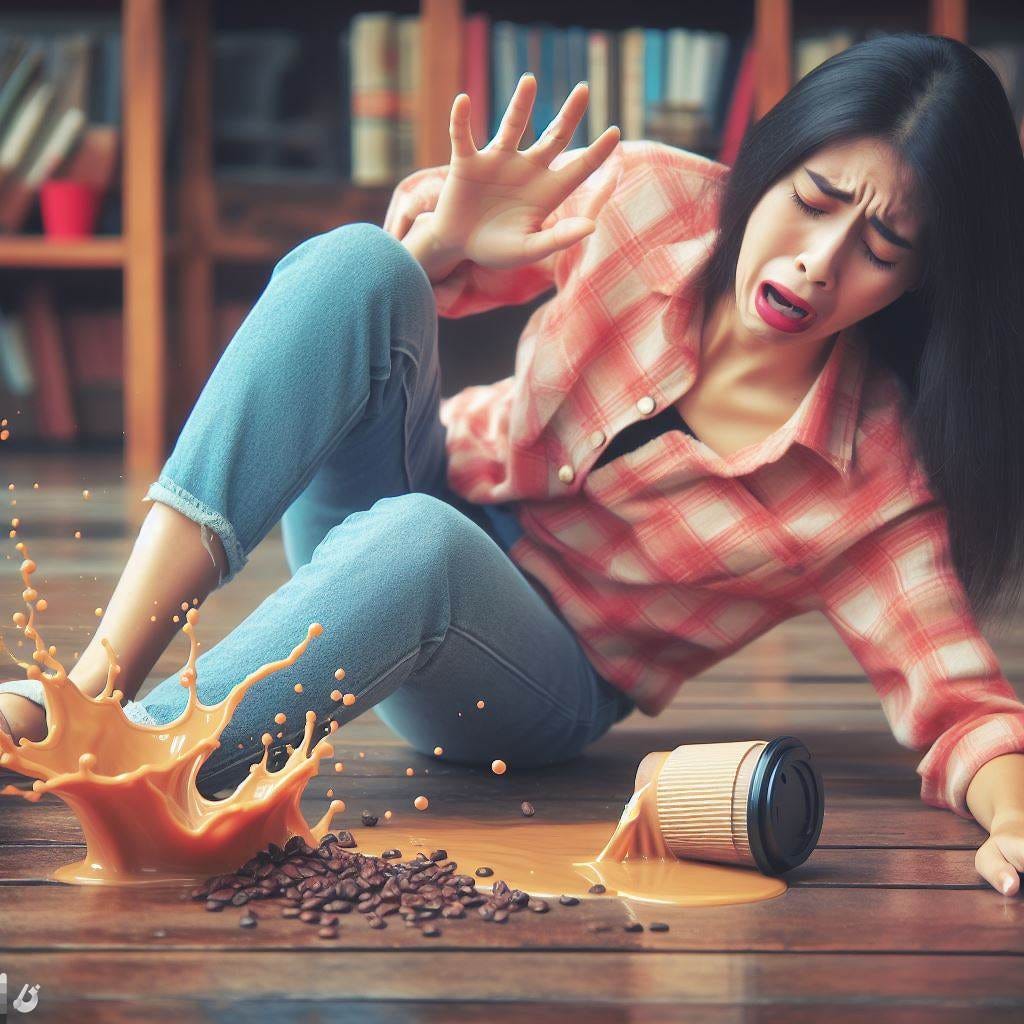 Make an image of a woman slipping on a cup of coffee she threw down.