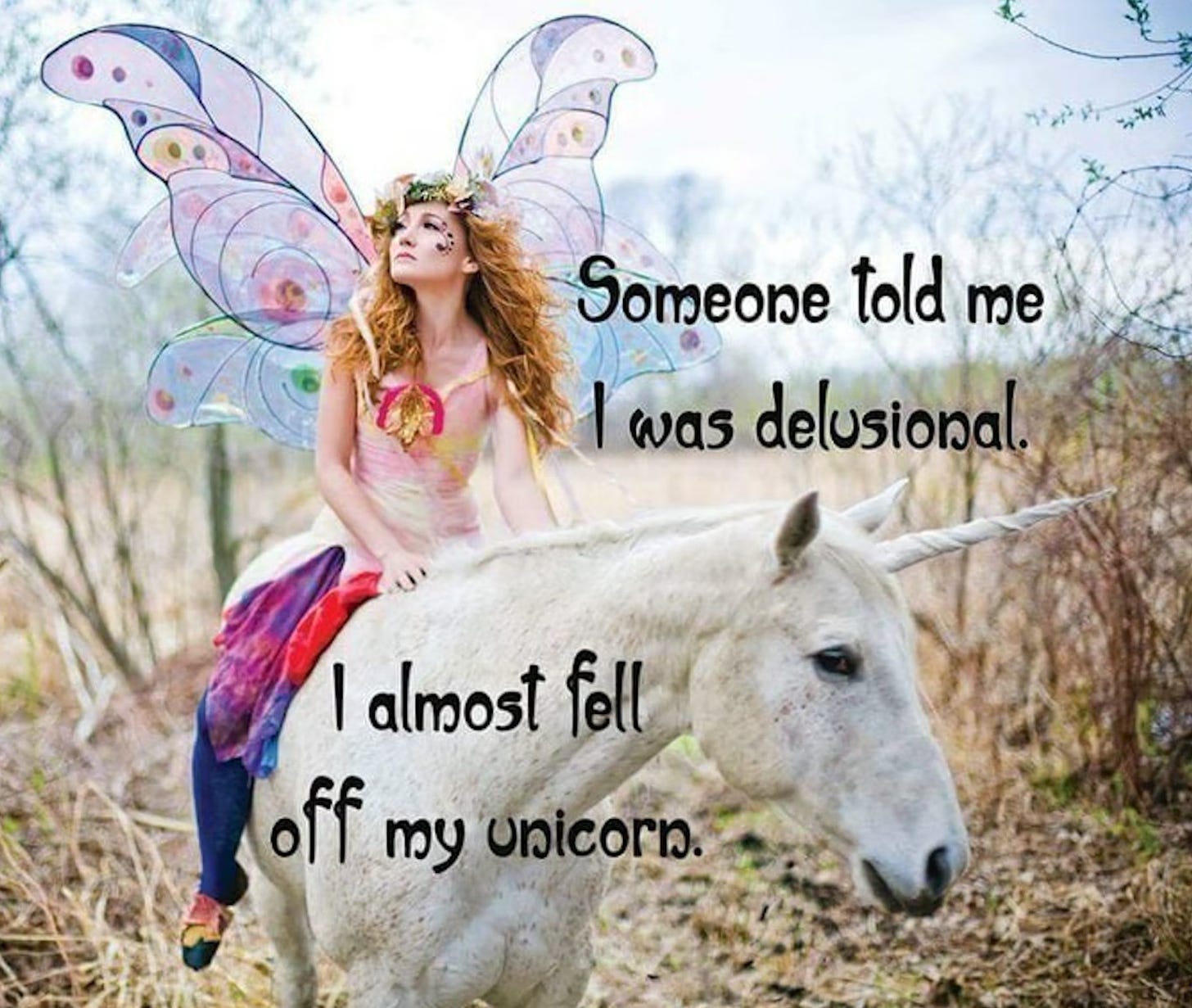 May be an image of 1 person and text that says 'Someone told me was delusional. I almost fell off my unicorn.'
