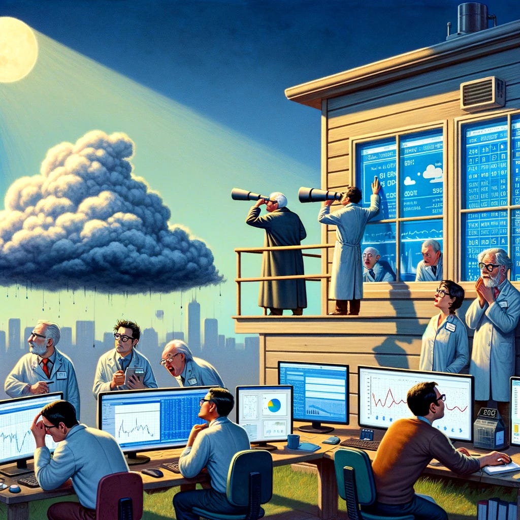 A humorous scene depicting the contrast between traditional meteorologists and modern data scientists. The scene shows a group of meteorologists peering out of a window, trying to predict the weather with puzzled expressions. Nearby, a group of data scientists are working on computers, analyzing large sets of data with a confident demeanor. In the sky, a lonely cloud is depicted as if it's searching for a partner, adding a whimsical touch to the image. The setting is a blend of a traditional weather station and a modern tech office, showcasing the evolution of weather prediction from intuition to data-driven methods.