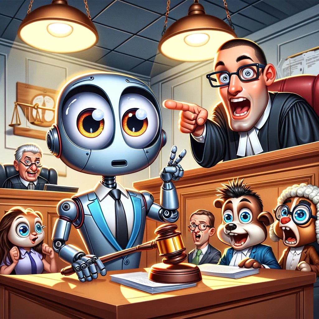 A cartoon-style courtroom scene with a humorous twist. AI is personified as a quirky, cartoonish robot with large, expressive eyes, sitting in the place of the accused, looking bewildered but also a bit comical. The judge is exaggerated with large glasses and a huge gavel, the prosecutor is pointing dramatically with a cartoonishly large finger, and the defense attorney is a funny animal character looking through oversized legal documents. The courtroom is filled with various humorous characters, and the atmosphere is light and playful. The image should be colorful, lively, and in a cartoonish, exaggerated style.