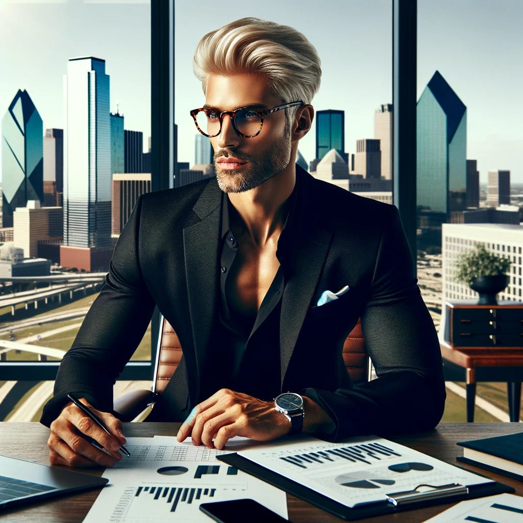 Create an image of a trendy 40-year-old white male accountant with platinum blonde hair, wearing stylish black attire, complemented by tortoise shell glasses. He is located in an office that offers a panoramic view of the Dallas skyline through expansive windows. The accountant is depicted at his desk, engaged in his work with financial documents and a sleek, modern computer before him. His fashion-forward appearance, combined with his professional setting, suggests a harmonious blend of style and dedication. The iconic Dallas skyline in the background serves as a testament to his connection and contribution to the city's business landscape. The office is bathed in natural light, enhancing the overall vibrancy of the scene.