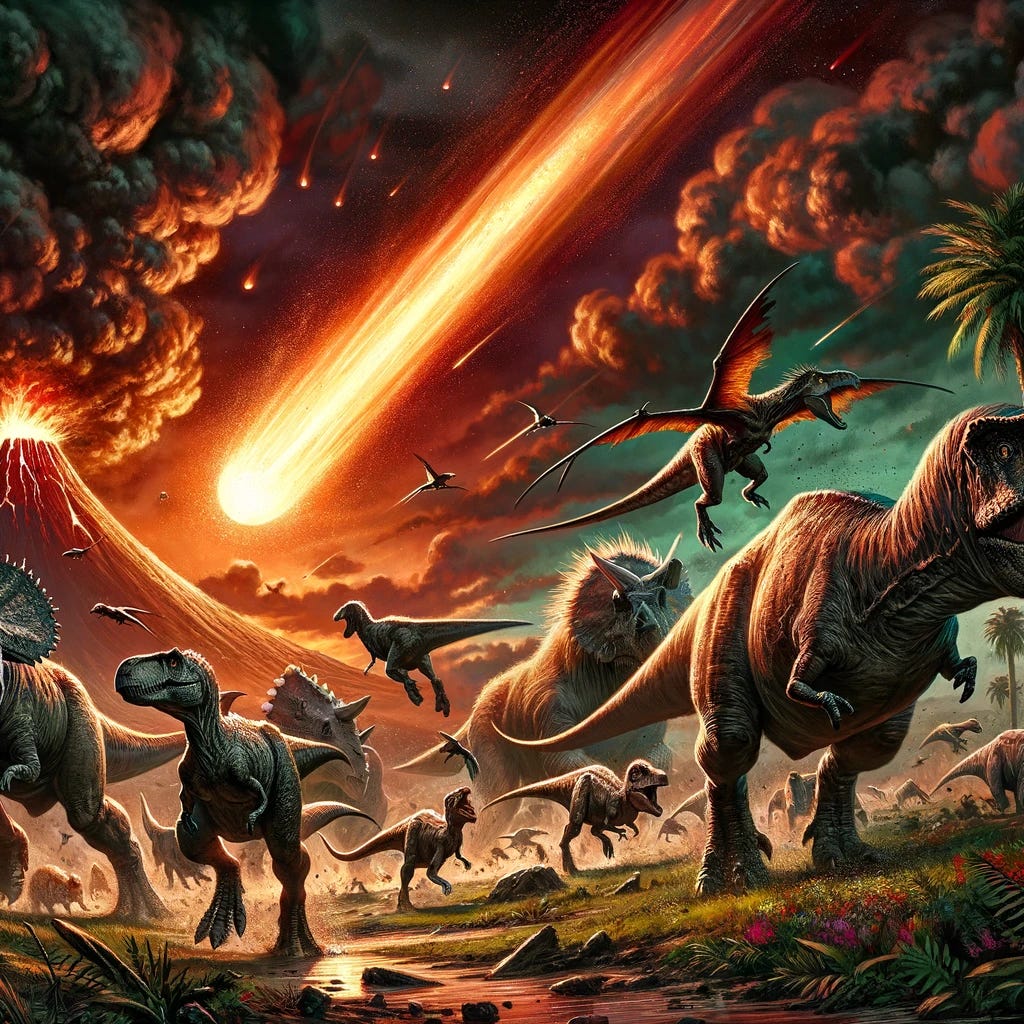 A dramatic illustration of a group of dinosaurs of various species fleeing in panic, as a massive meteor streaks across the sky, moments before impact. The scene is set in a prehistoric landscape, with towering volcanoes in the background and lush vegetation being trampled underfoot as the dinosaurs run. The sky is ablaze with the fiery tail of the meteor, casting an ominous glow over the scene, highlighting the urgency and fear in the dinosaurs' expressions and movements. The forefront of the image features a Tyrannosaurus Rex, a Triceratops, and a flock of smaller, agile velociraptors, all depicted in mid-stride, racing away from the impending doom. Dust and debris are kicked up by their frantic escape, adding to the chaos and intensity of the moment. The illustration captures the catastrophic event with vivid colors and dynamic composition, emphasizing the contrast between the dark, threatening sky and the vibrant, life-filled earth below. Drawn with: a focus on the dramatic interplay of light and shadow, and the detailed portrayal of the dinosaurs' desperation.