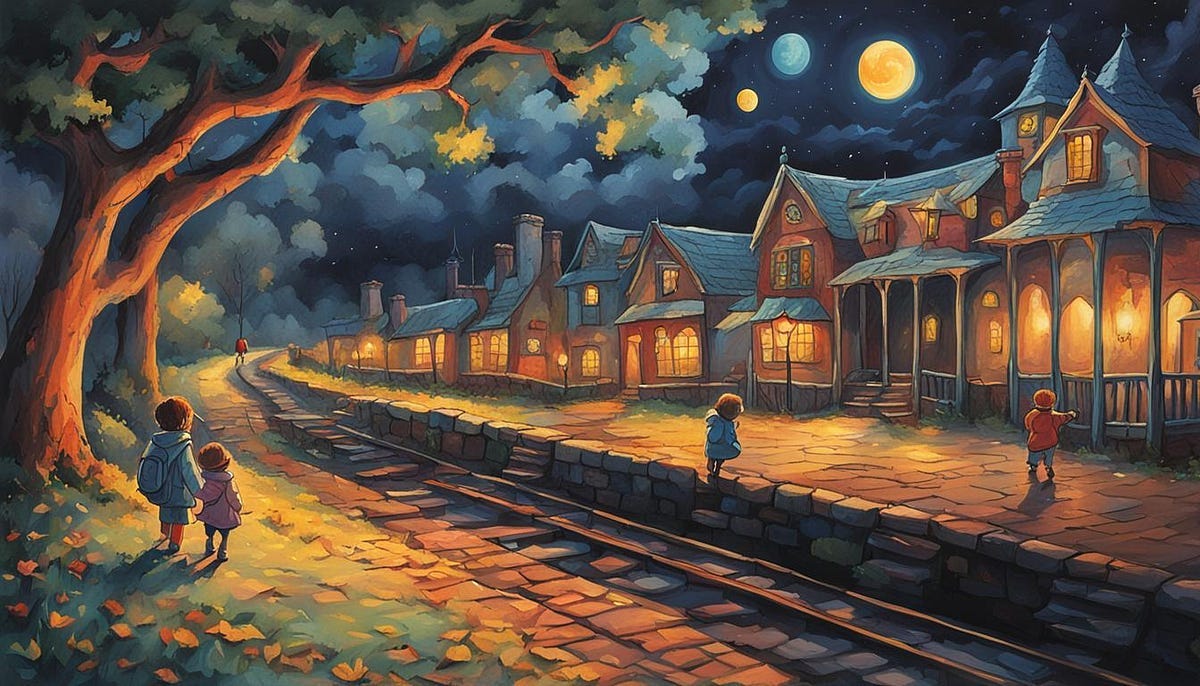 Children play at night beside railway line