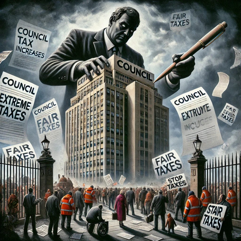 An artistic depiction of government overreach and excessive council tax increases. The image shows a towering bureaucratic building looming over struggling citizens, with oversized tax documents and eviction notices raining down. A council official, depicted as a giant figure in a suit, holds a pen like a scepter, signing off on extreme levies while ignoring the people below. The citizens are shown burdened, some holding empty wallets, others protesting with signs reading 'Fair Taxes' and 'Stop the Abuse'. The scene has a dark, oppressive tone with stormy skies, symbolising government power being misused against the public.