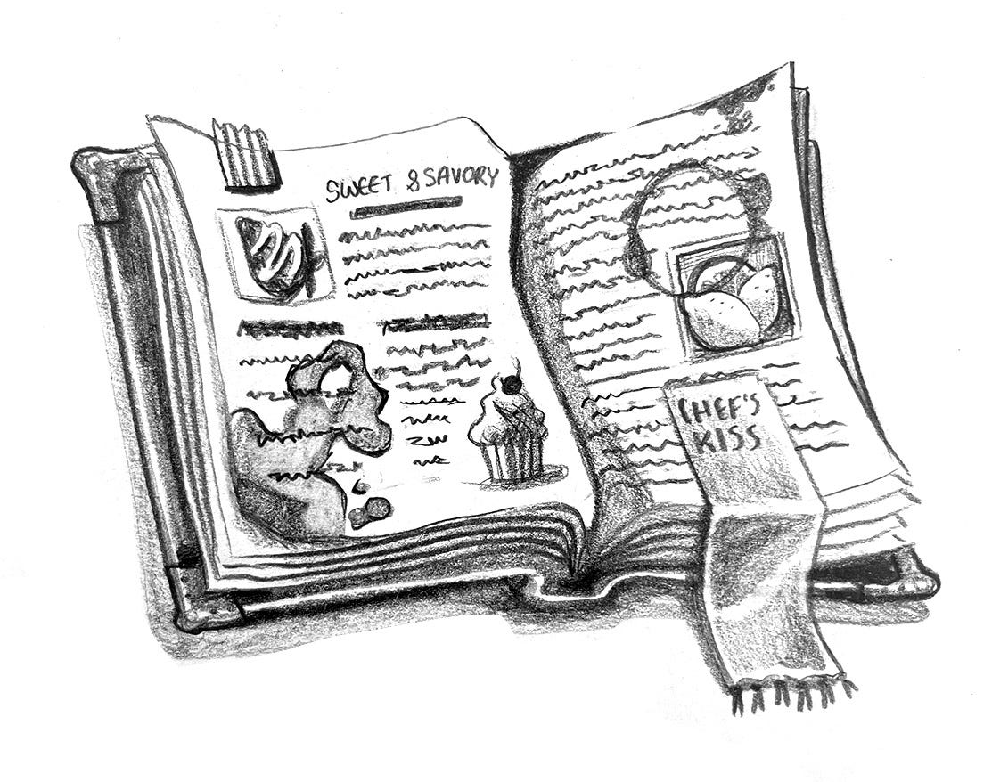 A black and white sketch of a cookbook being held open by a floppy bookmark