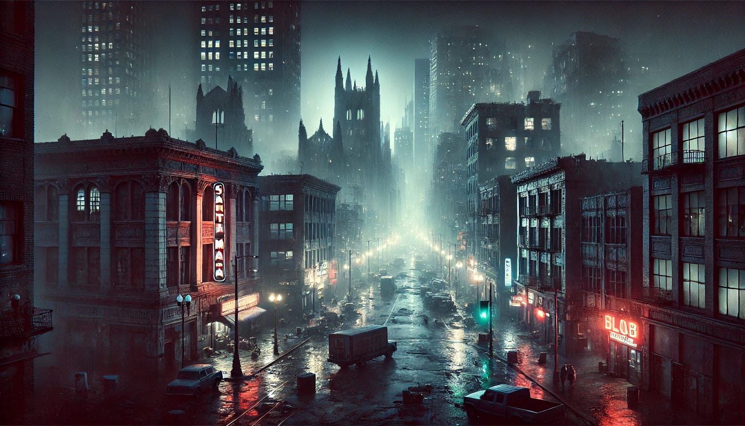 A panoramic night view of Downtown Santa Maria, a gothic and torn-down cityscape enshrouded in thick fog. The streets are wet from recent rain, reflecting the neon lights of scattered bars and clubs. The architecture is a blend of crumbling gothic cathedrals, abandoned skyscrapers, and alleys lined with broken street lamps. The night people are alive—groups of shadowy figures laughing outside clubs, a lone musician playing a melancholic tune near an old bookstore, and a couple sharing a cigarette under a flickering streetlight. The atmosphere is heavy with mystery and decadence, capturing the essence of the supernatural and urban nightlife.