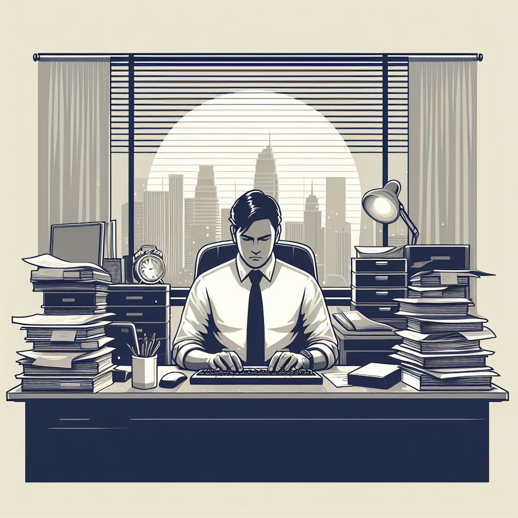 An unhappy man working at a desk full of papers. Behind him is the skyline of a city