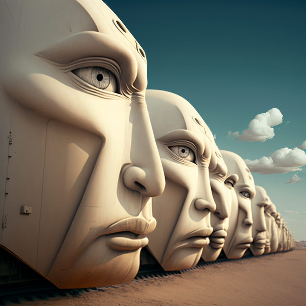 A line of sculpted human faces