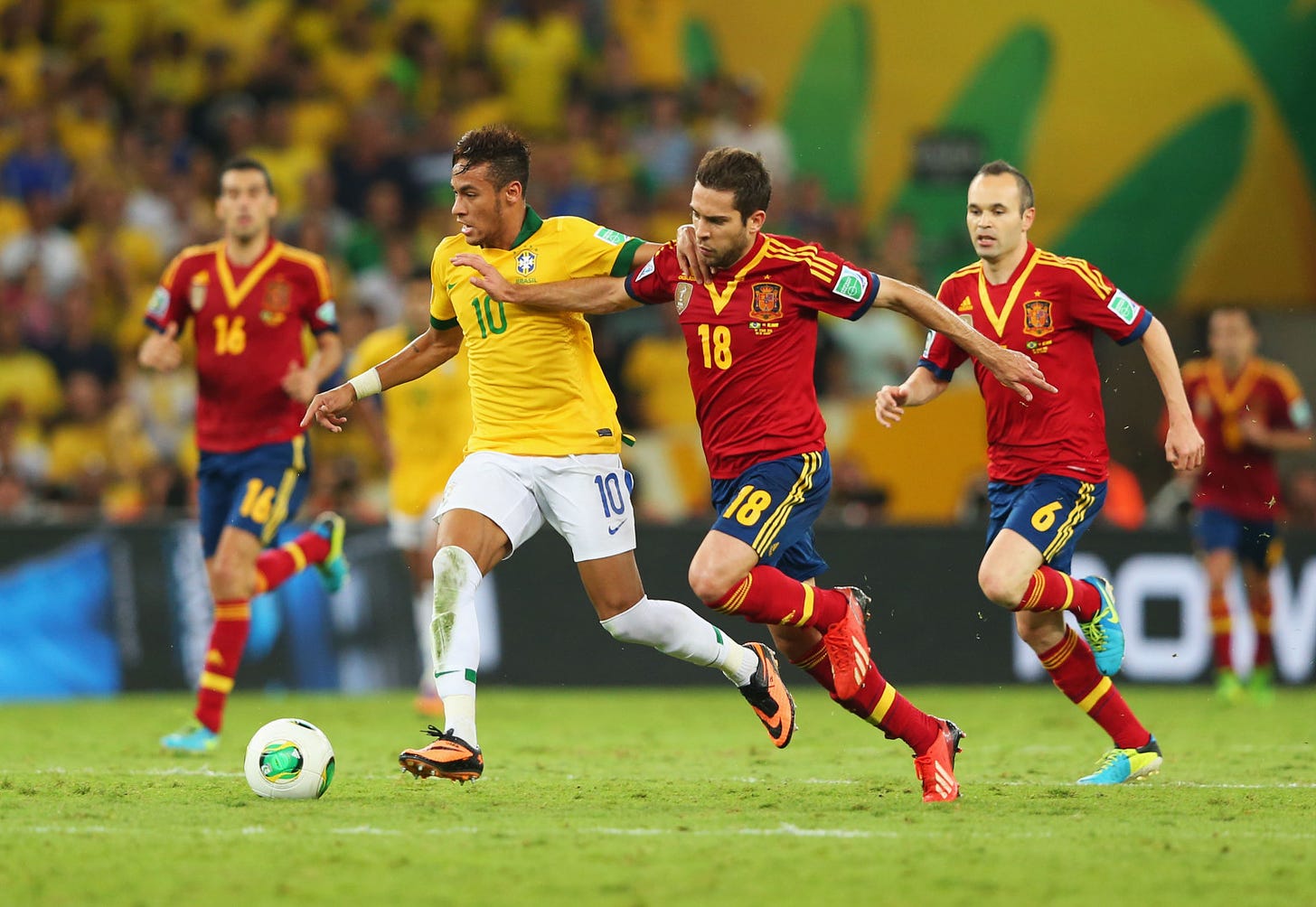 Neymar on the Brazil National Team against his future club teammate Jordi  Alba on the Spain National Team in the 2013 Con… | Neymar, Football gear,  Fifa world cup