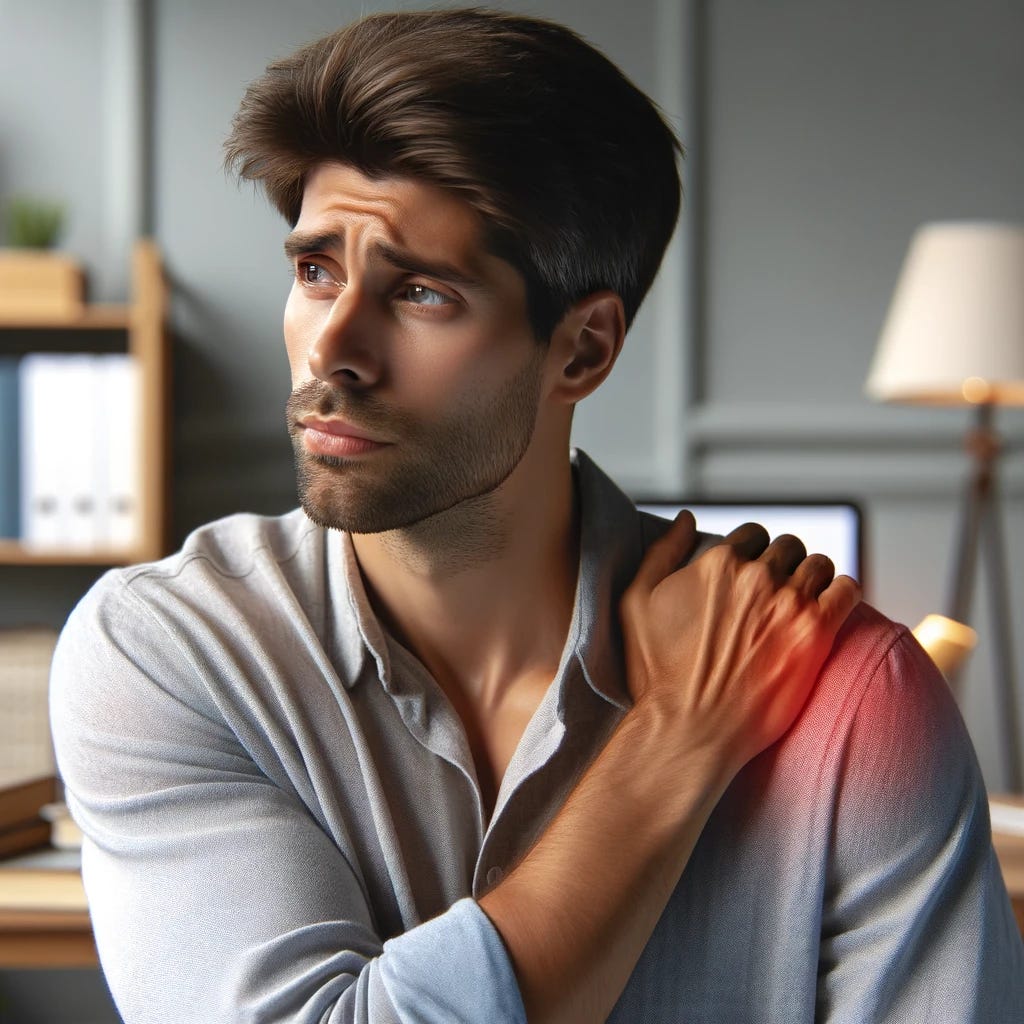 Photorealistic medium wide shot of a racially ambiguous person in their mid-30s experiencing shoulder joint pain, set in a home office. The individual has a contemplative expression with a hint of discomfort. They have medium-length hair, styled casually, and are dressed in a comfortable, informal shirt. The background includes a neat desk with a computer and books, symbolizing a professional workspace. The image conveys a calm, introspective mood, suitable for illustrating a blog post about personal health and career integration.