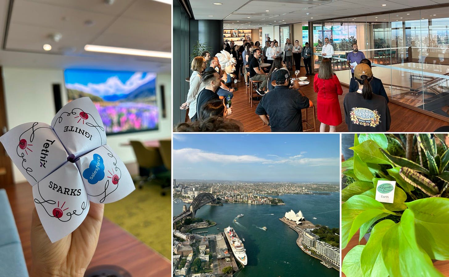 Collage of event photos showing a hand holding a paper spark, a group of participants gathered in Salesforce tower, the view from the tower, and an earth-themed display with plants.
