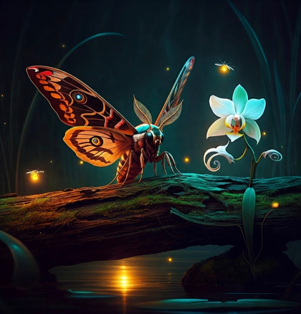 Image of Ghost Orchid, Giant Sphinx Moth, and fireflies