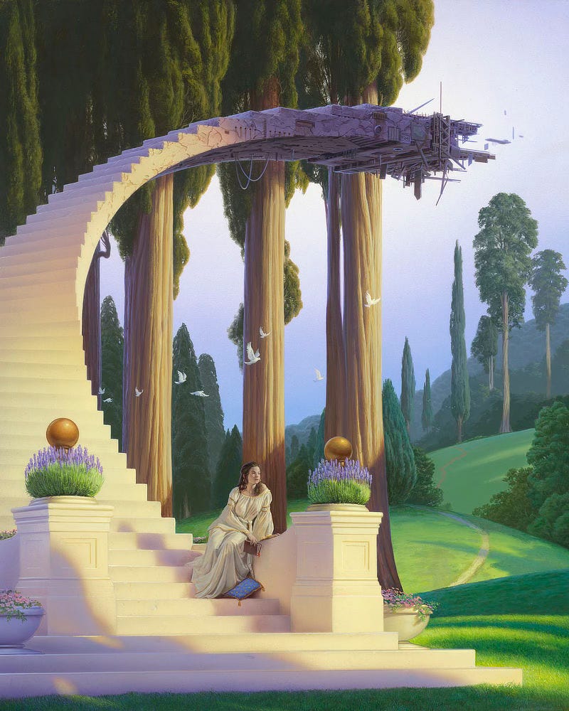 A woman in a loose white dress, accented with gold trim and flowing bell sleeves, sits on the landing of a stone staircase. Weight resting on her hip, she leans on one arm gazing out at the pastoral landscape. She lazily holds a book with her finger marking her page.   As the spiral of stairs ascends, the fluted trunks of a trio of tall trees rise in the negative space of the arch. Like tall pillars, they pass behind the stairs, not lending support but suggesting strings to complete the bow of a harp. Caught in flight, a line of doves fly across and out.  The simple, elegant stairs take on a weathered texture as the arch flattens. Light catches white marble, and suddenly cast in shadow the stone purples in hue then transitions into a platform complicated with dangling ropes, rusting metal grates, and a variety of boards, rails, and rebar. Like a bridge to nowhere, the stairs end somewhere between progress and decay with detached pieces floating out in the air beyond.