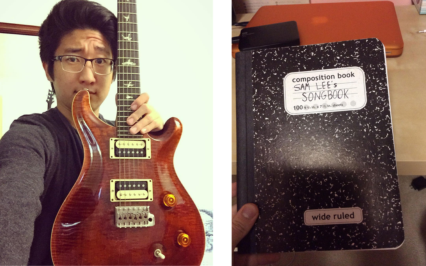 Sam in high school holding a guitar and a second image on right holding an old composition book of Sam's songs.