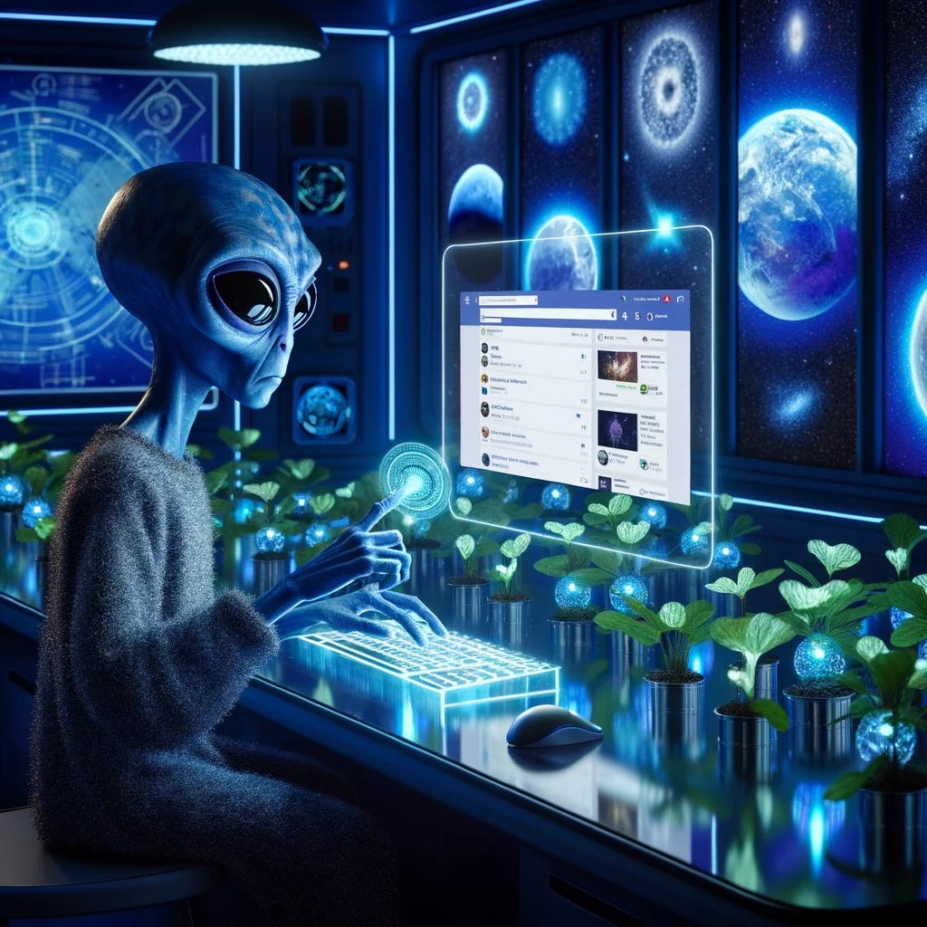 Photo of a blue-skinned alien with large eyes, engrossed in scrolling through Facebook on a transparent glass computer with floating touch controls. The room is illuminated by bioluminescent plants, providing a serene and organic atmosphere. High-tech screens on the walls display various cosmic events, blending technology with nature.