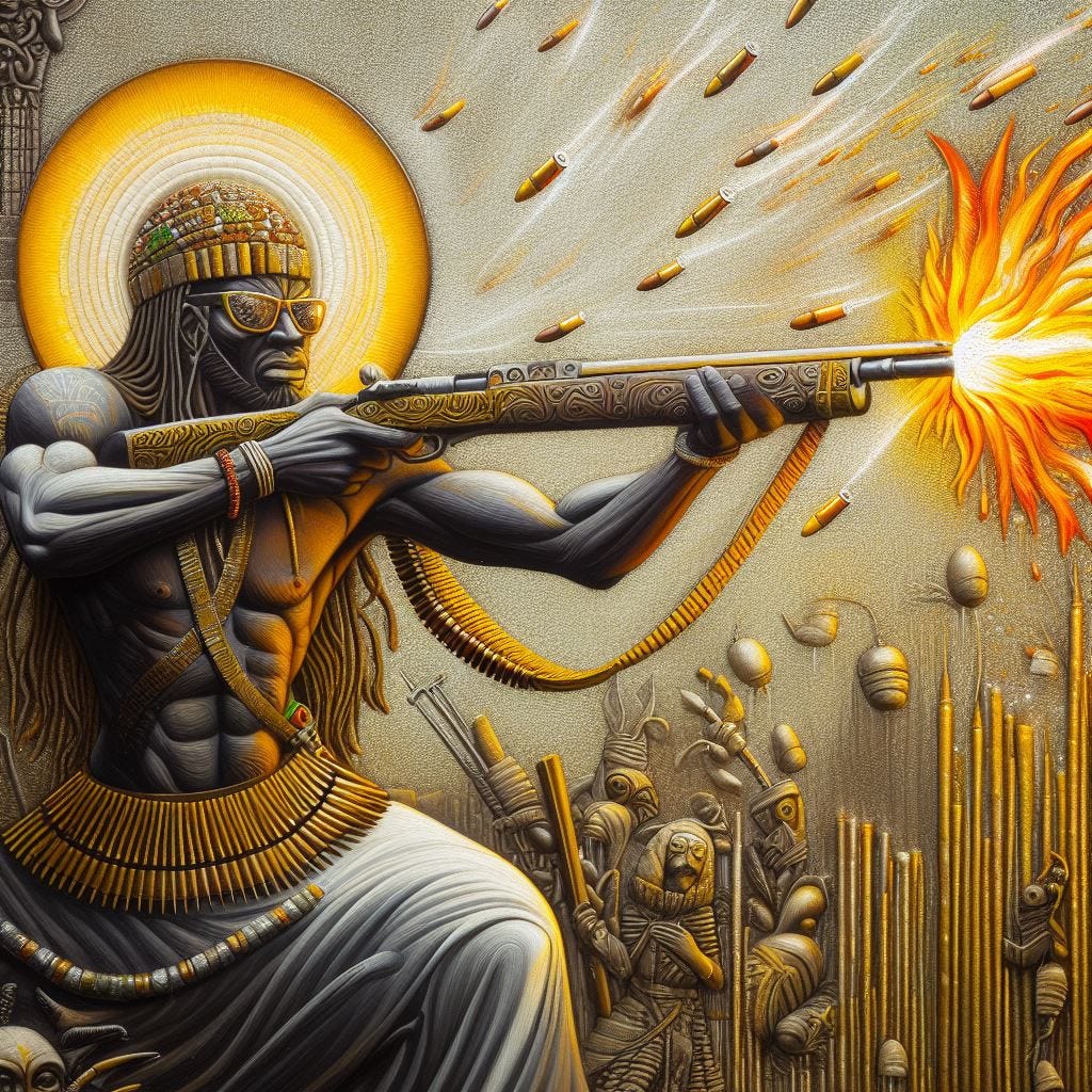 Ogun shooting flaming bullets from his long rifle in a religious artstyle.